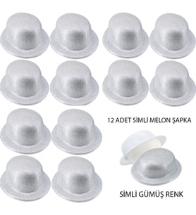 Gümüş Renk Simli Melon Yuvarlak Parti Şapkası 12 Adet