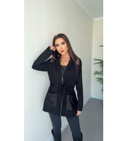 Kadın Uzun Kollu önü Fermuarlı File Detaylı Belden Bağcıklı Kısa Modal Ceket (Siyah)