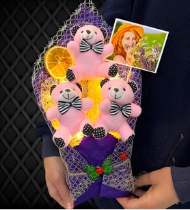 Led Işıklı Fotoğraflı Pembe Ayıcıklı Büyük Boy Peluş Ayıcık Buketi (Model 5)