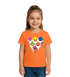 Unisex Baby Shark Baskılı Çocuk Tişört pamuklu penye kumaş (Oranje)
