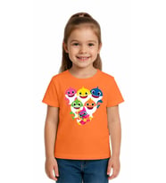 Unisex Baby Shark Baskılı Çocuk Tişört pamuklu penye kumaş (Oranje)
