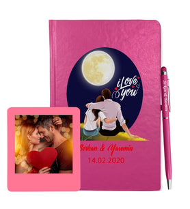 Sevgililer Gününe Özel Pembe Defter Kalem & Instagram Çerçeve Hediye Seti 3