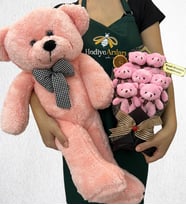 Kişiye Özel 7'li Peluş Ayıcık Buketi ve Büyük Boy Pembe Peluş Ayıcık (Model 1)