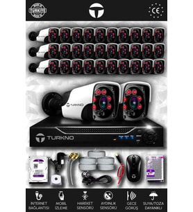 TURKNO 32 Kameralı Pania 32 Dış Kamera Set 250 GB HDD Full HD Gece Görüşlü Güvenlik Kamerası Sistemi