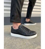 JY166 Prestige Bağcıklı Cilt Kapitone Desenli Erkek Günlük Sneaker Ayakkabı CBT - Siyah