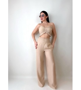 Kadın Keten Kumaş Gipeli Crop ve Pantolon İkili Takım (Renkli)