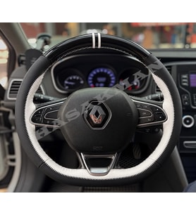 Renault Captur 2 Dikme Direksiyon Kılıfı Parlak Siyah Beyaz Detaylı Beyaz Çift Yüzük ve Dikiş 2019-2024