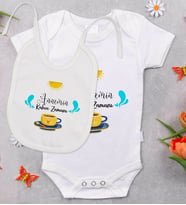 BK Kids Annemin Kahve Zamanı Tasarımlı Bebek Body Zıbın ve Mama Önlüğü Hediye Seti - Model 1