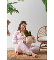Uzun Kol Gömlek Yaka Kadın Pinterest Pijama Takımı - Mevsimlik Kadın Pijama- Büyük Beden (Pembe)
