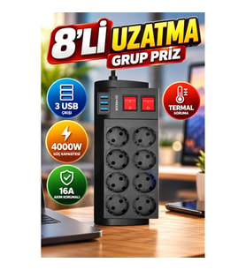 8'li Priz 3 USB'li Uzatma Kablosu – 4000W 16A Termal ve Akım Korumalı