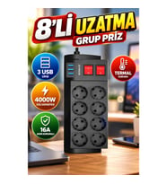 8'li Priz 3 USB'li Uzatma Kablosu – 4000W 16A Termal ve Akım Korumalı