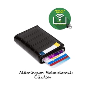  Timsah Desenli Mekanizmalı Otomatik Kızaklı Kartlık Cüzdan Kroko Kartlık (Siyah)