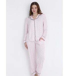 Dofi Kadın Puantiyeli Düğmeli S-XL Pijama Takımı - Pembe