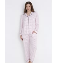 Dofi Kadın Puantiyeli Düğmeli S-XL Pijama Takımı - Pembe
