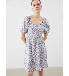 LCW Comfort Pembe Kalp Yaka Çiçekli Mini Elbise