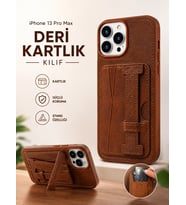 Iphone 13 Uyumlu Deri Kartlıklı Standlı Kılıf Kahverengi