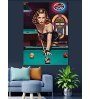 Bilardo Oynayan Pinup Kızı Dekoratif Kanvas - Mdf Ahşap Tablo