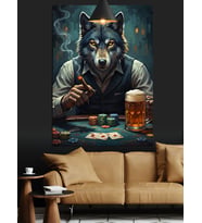 Poker oynayan kurt figürü Dekoratif Kanvas - Mdf Ahşap Tablo