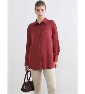 LCW Modest Bordo Saten Kadın Gömlek Tunik