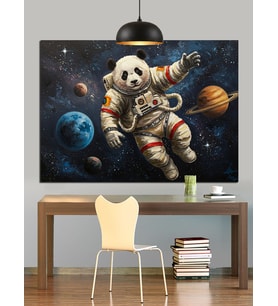 Uzayda Uçan Panda Astronot Dekoratif Kanvas - Mdf Ahşap Tablo