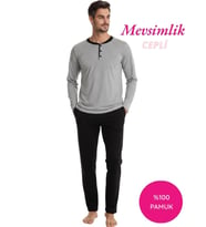 Erkek 3 Düğmeli %100 Pamuk Mevsimlik Uzun Kol Cepli Pijama Takımı (Açık Gri)