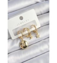 Pirinç Zirkon Taşlı Yıldız Ve Ay Model Gold Renk 3'lü Çift Kadın Küpe Set 5886