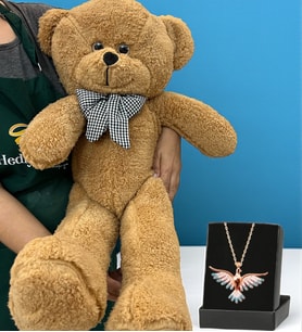 Premium Hediye Seti Büyük Boy 80cm Kahverengi Peluş Ayıcık ve Özel Tasarım Kolye (Model 2)