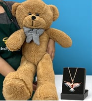 Premium Hediye Seti Büyük Boy 80cm Kahverengi Peluş Ayıcık ve Özel Tasarım Kolye (Model 2)
