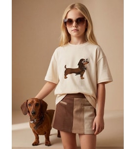 Kız Çocuk Köpek Baskılı Taş Detaylı Tasarım T-shirt (Krem)