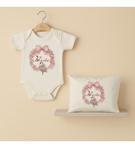 Pia Baby Premium %100 Pamuk İsme Özel Organik Baskılı Çıtçıtlı Bebek Body Ve Yastık Kılıfı 5025-19 (Ekru)