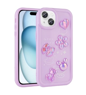 iPhone 15 Kılıf Kabartma Figürlü Parlak Toys Silikon Kılıf (Mor)