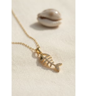 316L Çelik Zincir Gold Renk Minimal Zirkon Taşlı Balık Kılçığı Kolye TJ-BKO11184
