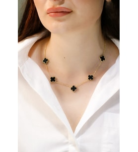 Kadın 4 Yapraklı Siyah Renk Van Cleef Model Altın Kaplama Paslanmaz Çelik Kolye