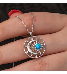 Gümüş Opal Mavi Taşlı Ay Güneş Kadın Kolye
