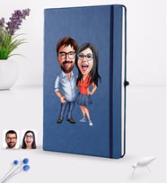 BK Gift Kişiye Özel Sevgililer Karikatürlü Karikatürlü Lacivert Termo Deri Defter 16x24cm Model 105