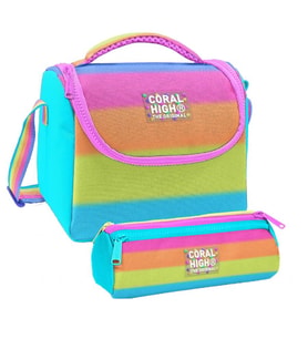 Coral High Kız Çocuk Pembe Turuncu Renk Geçişli Thermo Beslenme Çantası ve Üç Bölmeli Kalemlik Seti