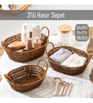 Porsima 302-C Oval 3'lü Hasır Sepet Dekoratif Ev Düzenleyici Kendinden Kulplu Hasır Sepet Seti Banyo Düzenleyici Sepet