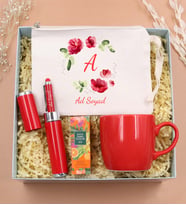 Kişiye Özel Ham Bez El Çantası & Kişiye Özel Kutusunda Kırmızı Touch Pen & Kırmızı Kupa & Eyüp Sabri Tuncer Mini Kolonya Hediye Seti