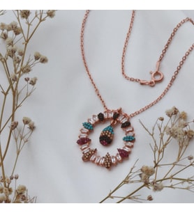 Yuvarlak Çerçeveli Damla Modeli Renkli Zirkon Taşlı Rose Gold Kaplama Gümüş Kolye