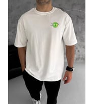 pilelistore- Unisex Bisiklet Yaka Baskılı Oversize T-Shirt - Beyaz