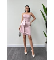 Saten Kumaş Straplez Mini Elbise - PUDRA