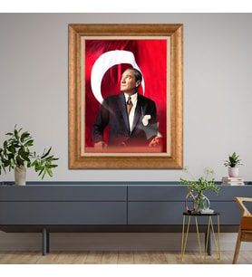 Altın Varaklı Çerçeveli Paspartulu Atatürk Tablo TR1150 (Gold)