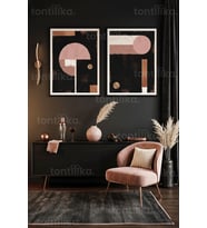 Pembe ve Altın Dokunuşlu Modern Soyut 2’li Ahşap Çerçeveli Tablo Seti