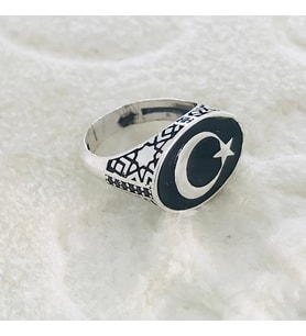 Ay Yıldız Türk Bayraklı 925 Ayar Gümüş Erkek Yüzük