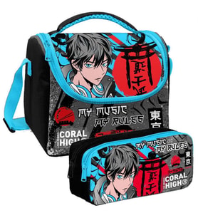 Coral High Siyah Mavi Anime Desenli Erkek Çocuk Isı Yalıtımlı Beslenme Çantası ve Kalemlik Seti