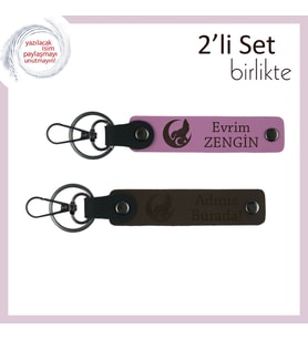 Sevgiliye Bozkurt Ve Ayyıldız Temalı Armağan – İsim Yazılabilir Deri Anahtarlık Seti, Pembe-Kahve (Çok Renkli)