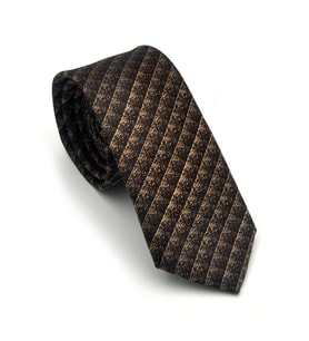 Kahverengi Küp Desenli Bej Dokuma Kumaş Mendilli Slim Fit Kravat // SDK-2605-6