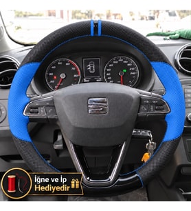 Seat Leon MK3 Dikme Direksiyon Kılıfı Delikli Deri Parlak Siyah Mavi Detay Çift Yüzük ve Dikiş 2012-2016