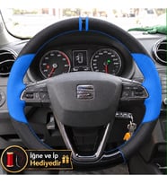 Seat Leon MK3 Dikme Direksiyon Kılıfı Delikli Deri Parlak Siyah Mavi Detay Çift Yüzük ve Dikiş 2012-2016