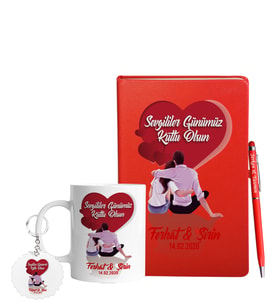 Sevgililer Gününe Özel Kırmızı Defter Kalem Kupa & Süblimasyon Anahtarlık Hediye Seti 1